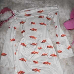GoldFish Print White Long sleeve mini Dress
